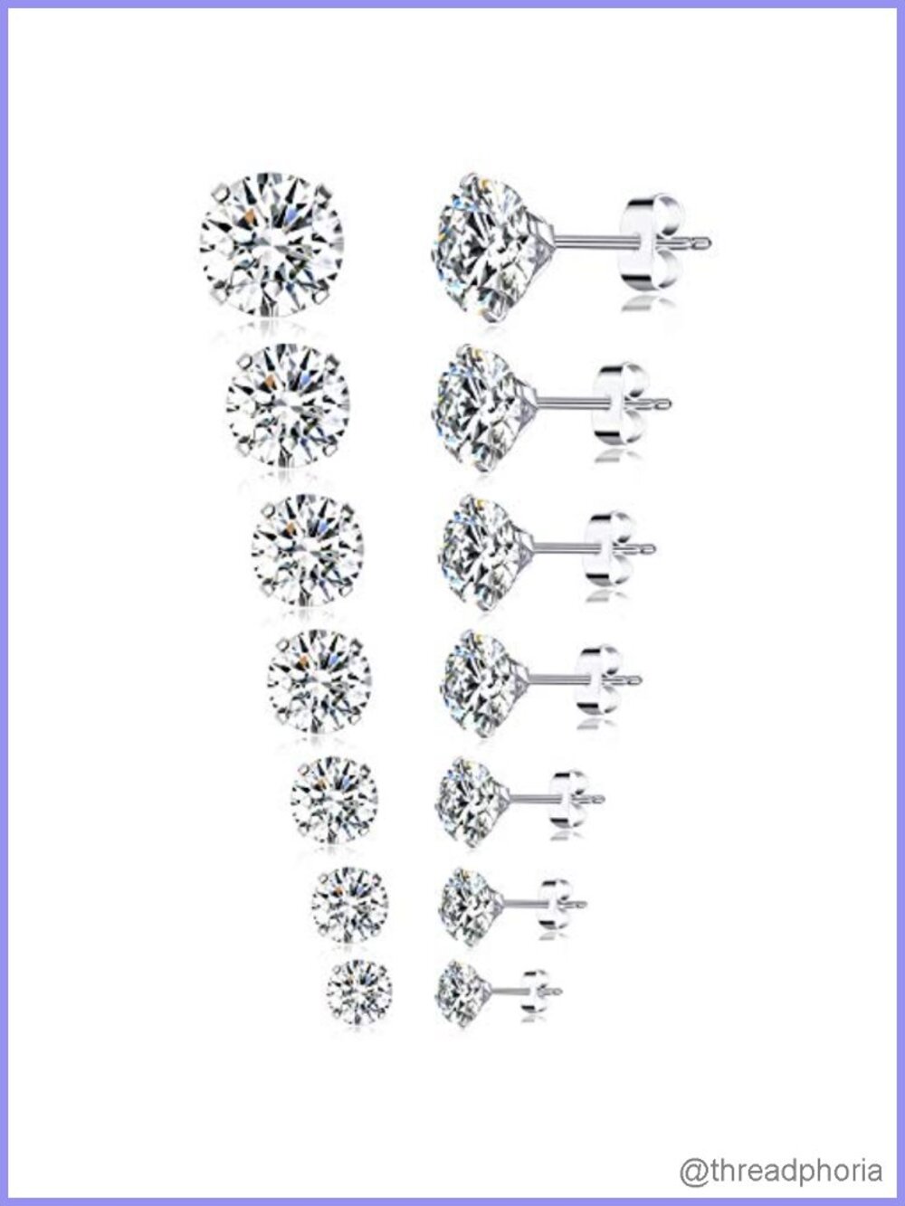 7 Pairs Stainless Steel Cubic Zirconia Stud Earrings Set 2mm-8mm Butterfly Backs